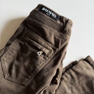 BALMAIN Biker Pants Green Brown Moto Suede Ribbed Knee Men's Size 34 Distressed